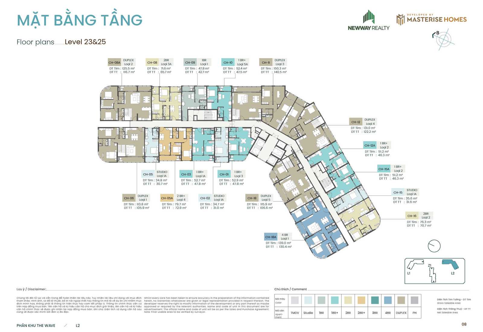 Mặt bằng tầng điển hình tầng 23 và 25 toà L2 phân khu The Wave chung cư Masteri Grand Coast Ocean Park 2 Hưng Yên