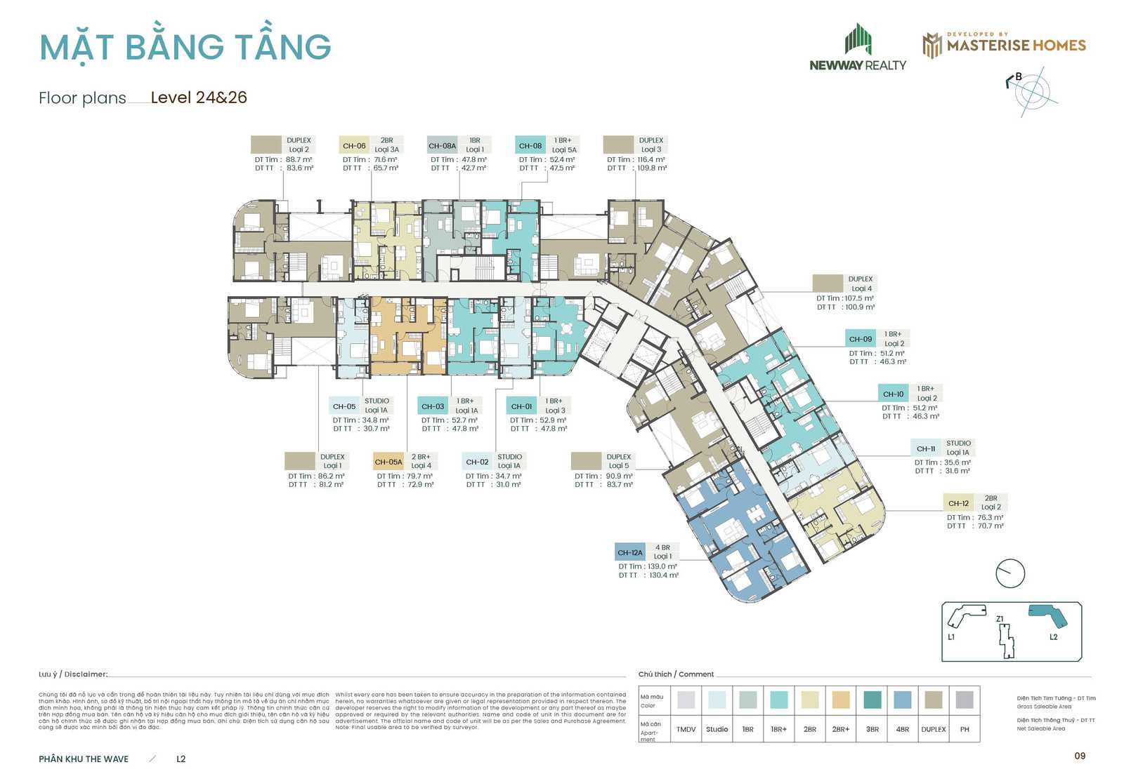 Mặt bằng tầng điển hình tầng 24 và 26 toà L2 phân khu The Wave chung cư Masteri Grand Coast Ocean Park 2 Hưng Yên