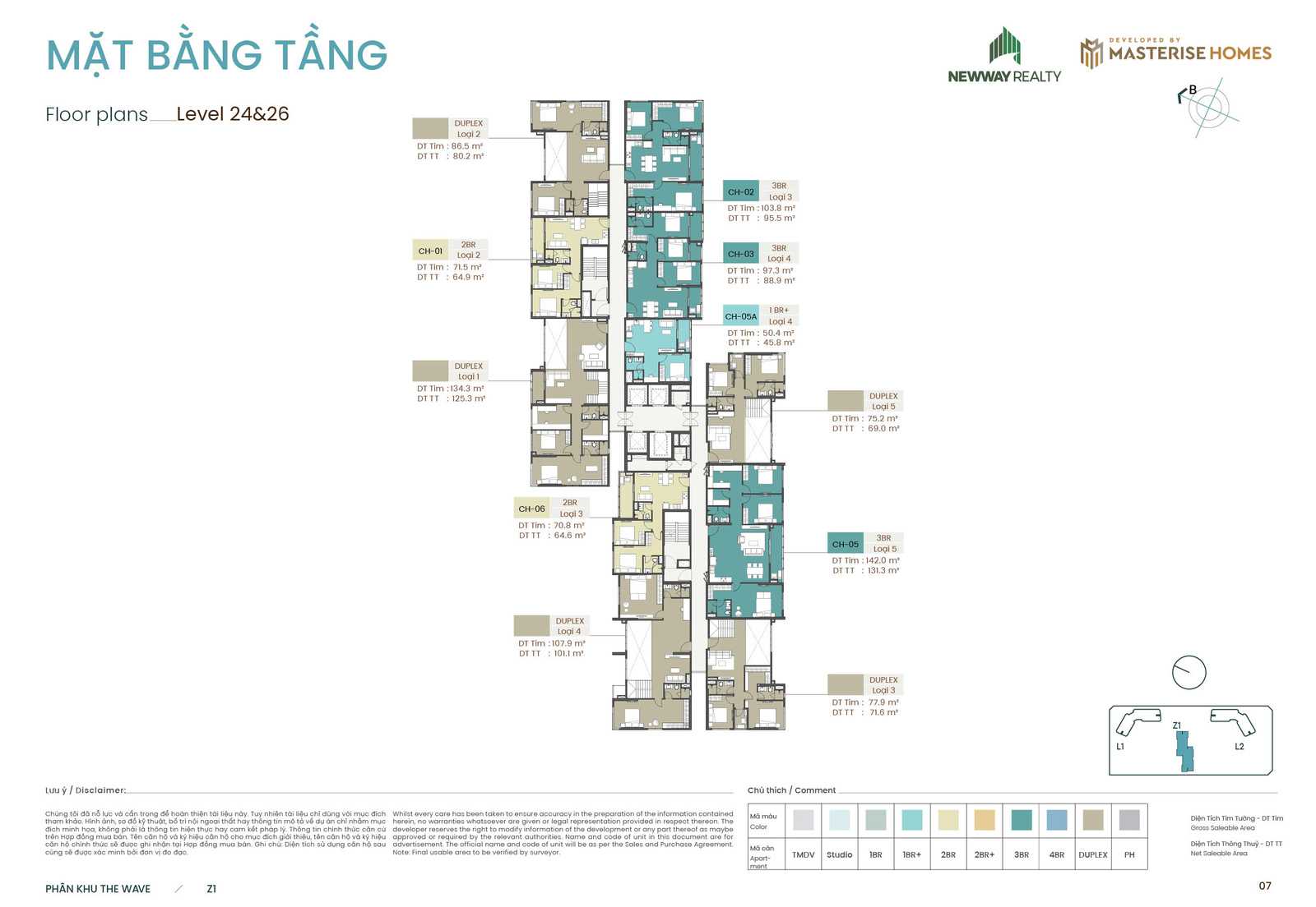 Mặt bằng tầng điển hình, tầng 24 và 26 toà Z1 phân khu the Wave chung cư Masteri Grand Coast Ocean Park 2 Hưng Yên