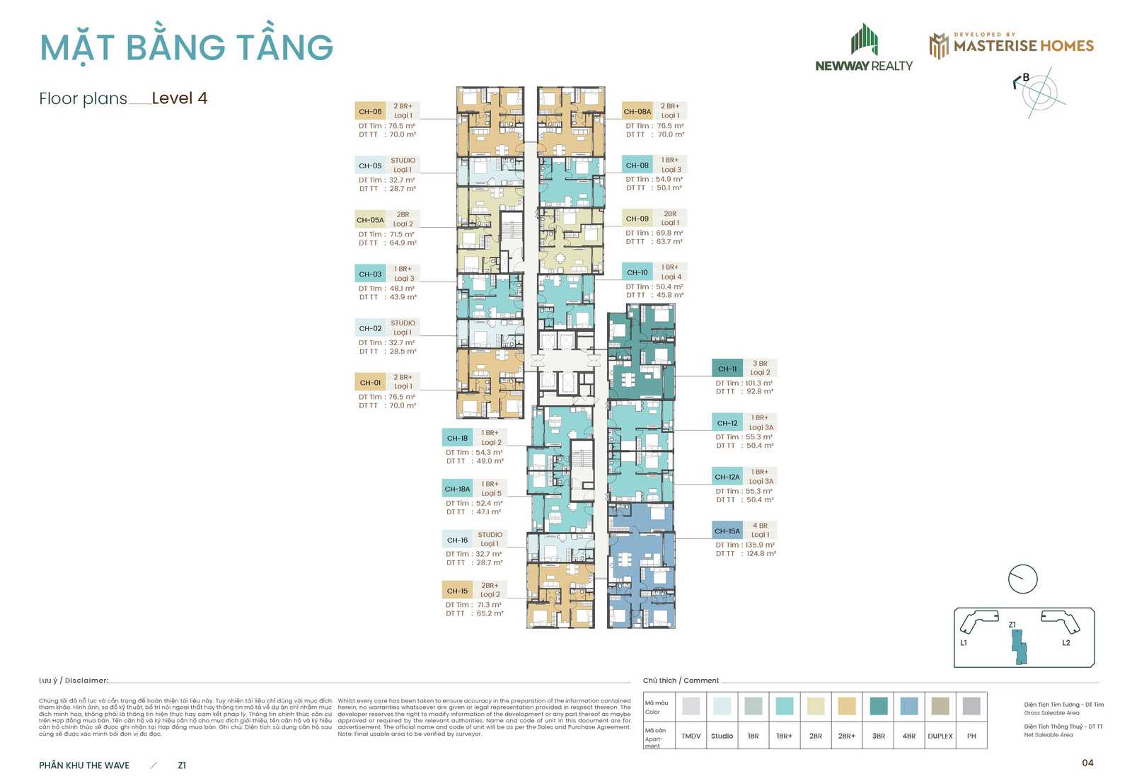 Mặt bằng tầng điển hình, tầng 4 toà Z1 phân khu the Wave chung cư Masteri Grand Coast Ocean Park 2 Hưng Yên