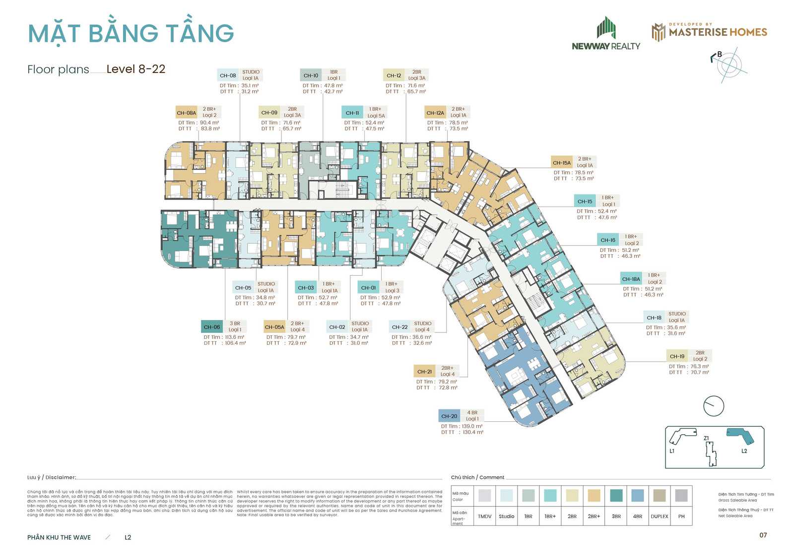 Mặt bằng tầng điển hình tầng 8-22 toà L2 phân khu The Wave chung cư Masteri Grand Coast Ocean Park 2 Hưng Yên