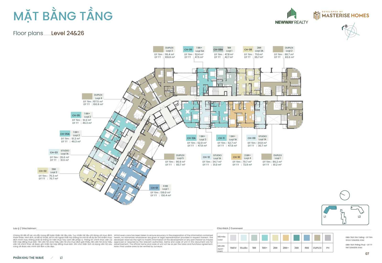 Mặt bằng tầng điển hình tầng 24 và 26 toà L1 phân khu the Wave Masteri Grand Coast Ocean Park 2 Hưng Yên