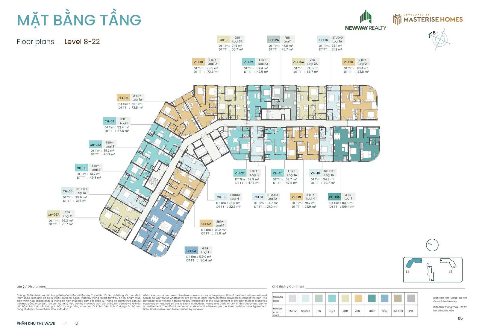 Mặt bằng tầng điển hình tầng 8-22 toà L1 phân khu the Wave Masteri Grand Coast Ocean Park 2 Hưng Yên